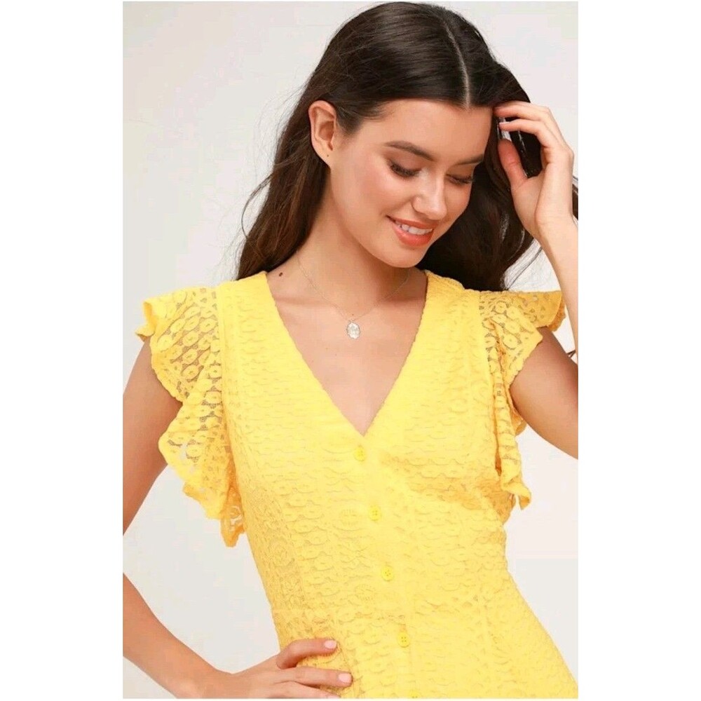 Lulus Womens Athena yellow lace skater button down Mini Dress embroidery Size M - Picture 2 of 9